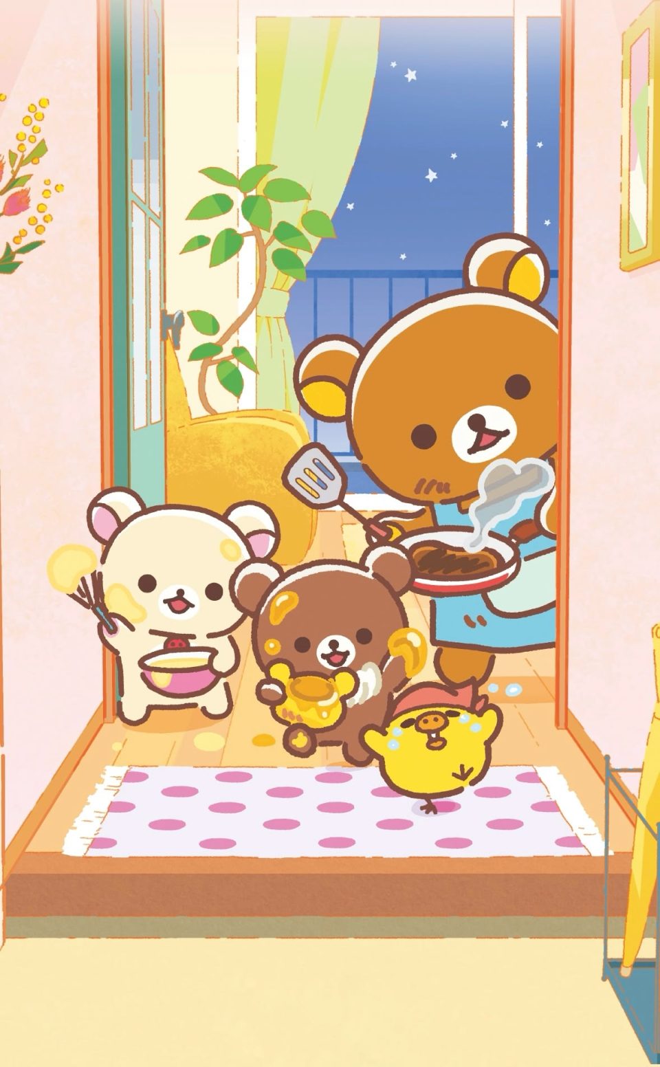 곰 캐릭터들이 프라이팬으로 요리하는 일러스트 배너