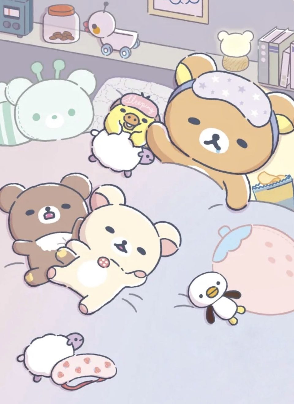 이불 속에서 쉬고 있는 곰 캐릭터들 일러스트 배너